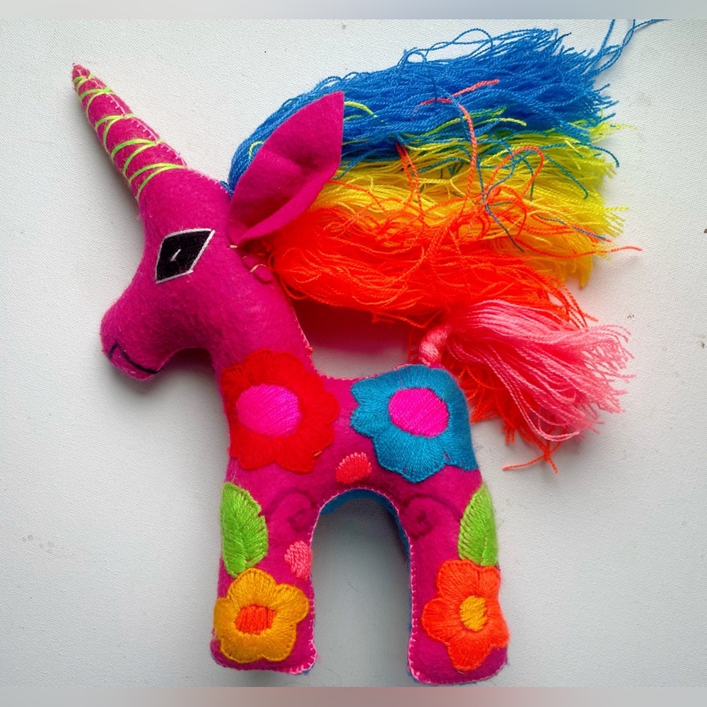Mexican Folk Art Boho Handmade Floral Embroidered Colorful Plush Unicorn Figure